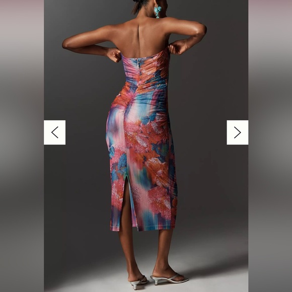 Anthropologie The Soleil Slim Strapless Ruched Mesh Dress Midi Pink Size XS NEW - Picture 2 of 14